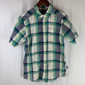 Patagonia Button Front Shirt Mens Small Teal Green Plaid Organic Cotton Blend